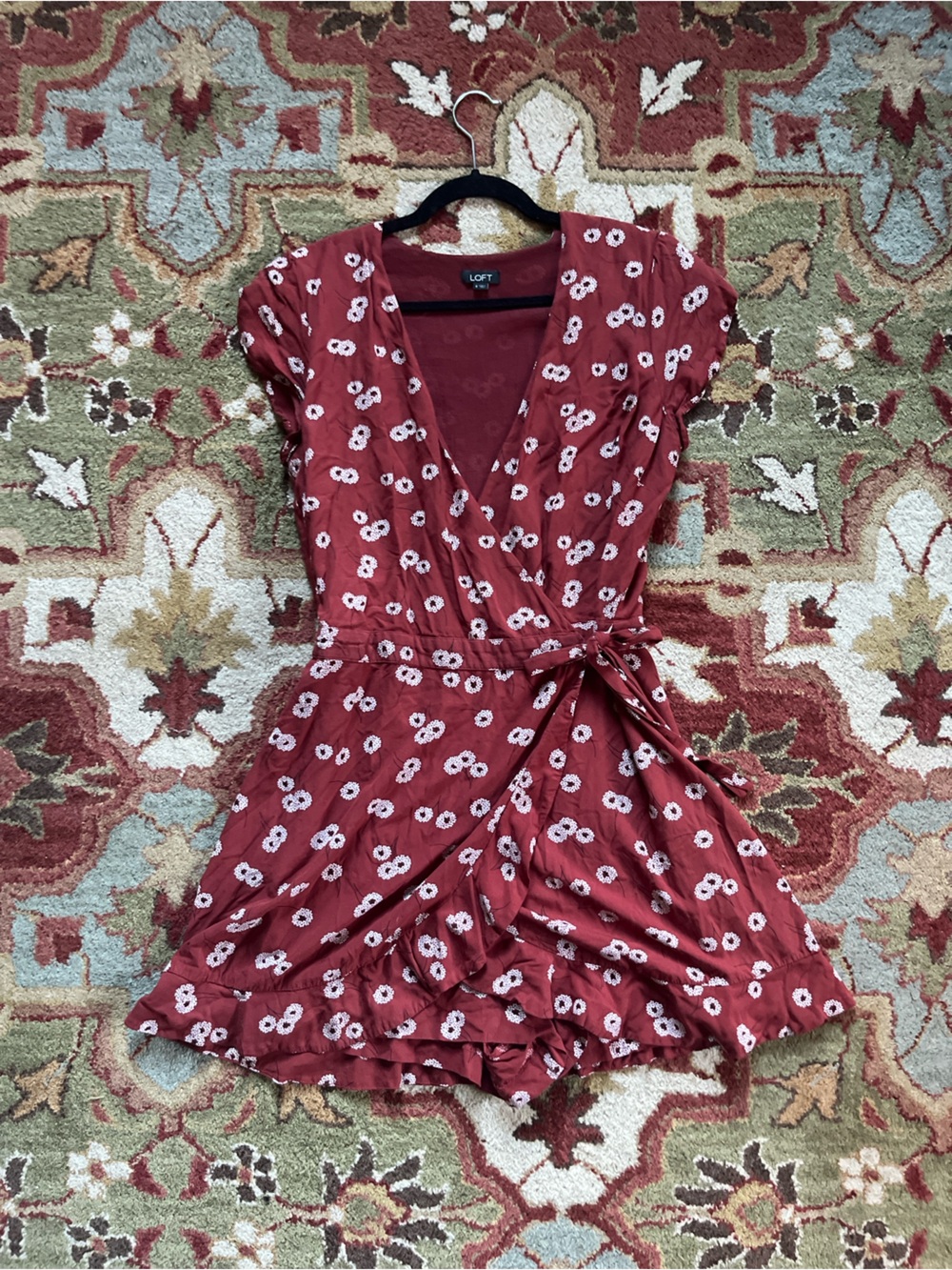 LOFT Rust Red Floral Tie-Front Blouse